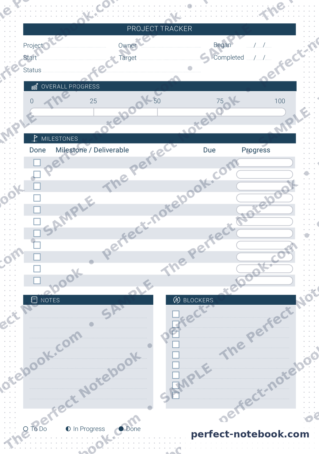 Project Tracker Printable Template – sample page (watermarked preview), The Perfect Notebook