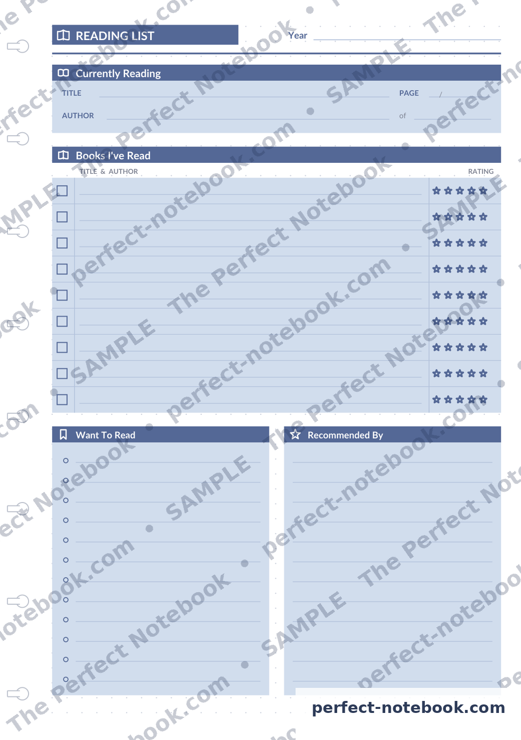 Reading List Printable Template – sample page (watermarked preview), The Perfect Notebook