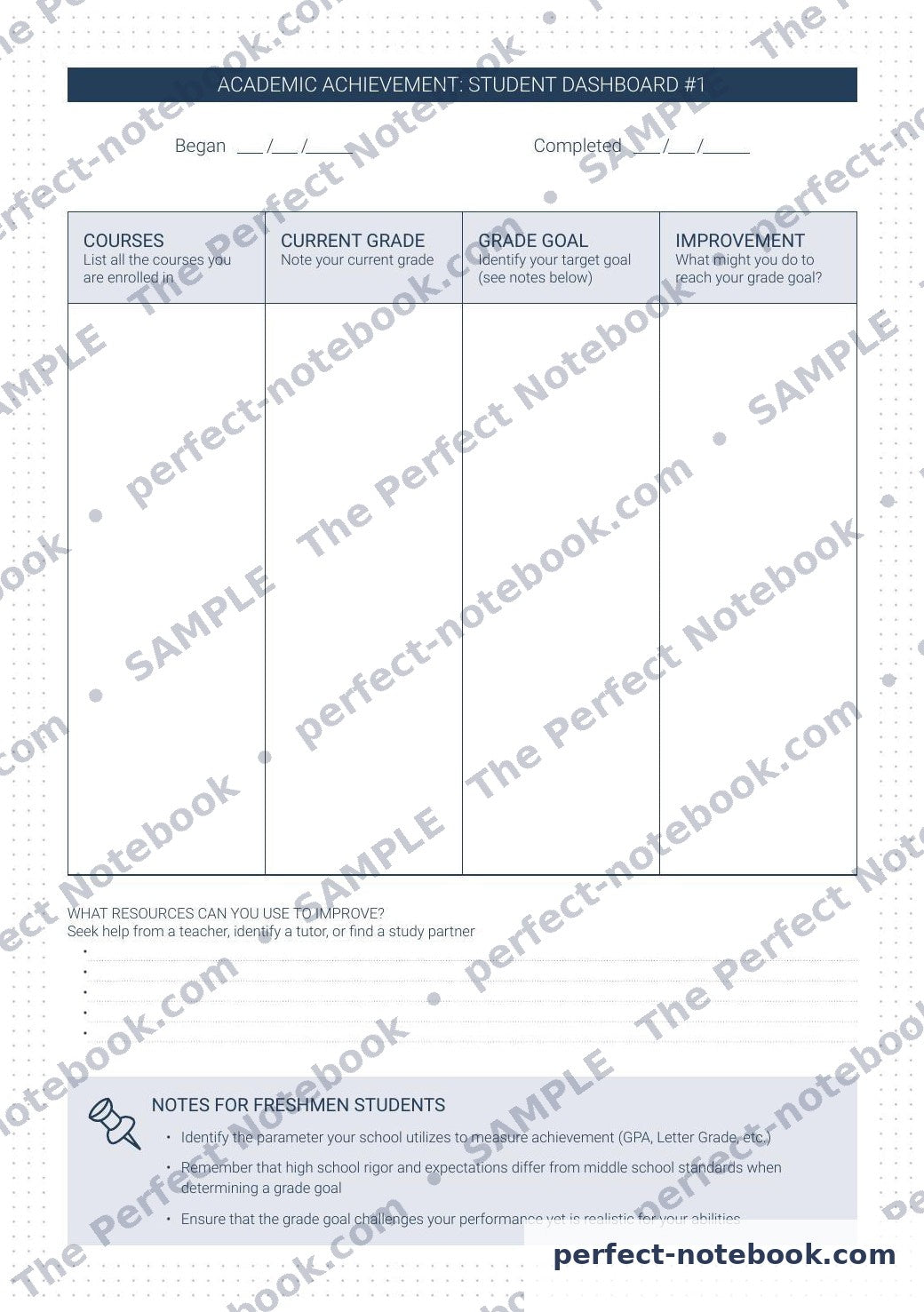 Student Academic Achievement Dashboard Printable Template – sample page (watermarked preview), The Perfect Notebook