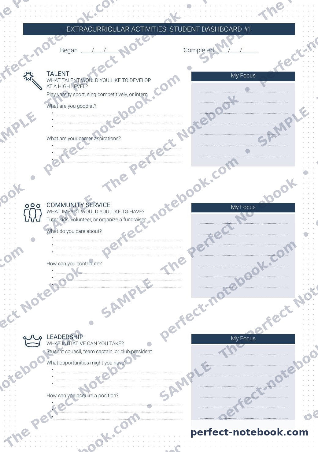 Student Extracurricular Dashboard Printable Template – sample page (watermarked preview), The Perfect Notebook