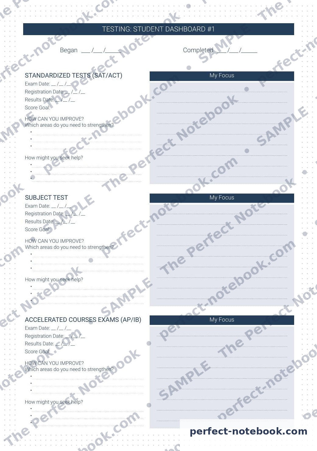 Student Testing Dashboard Printable Template – sample page (watermarked preview), The Perfect Notebook