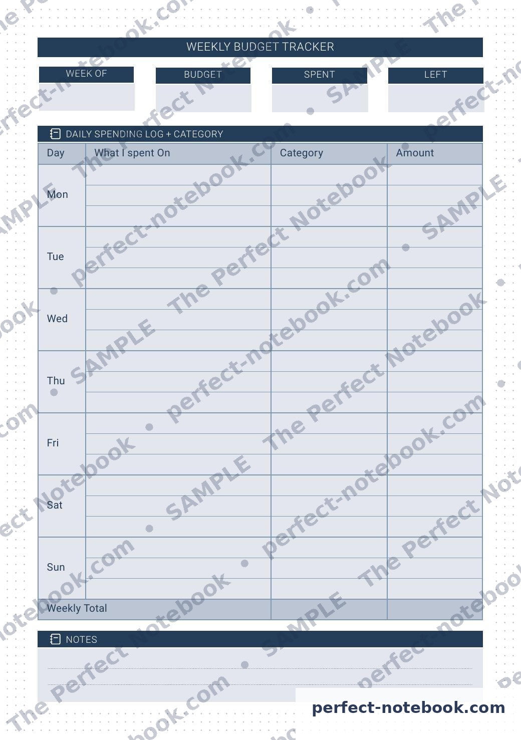 Weekly Budget Tracker Printable Template – sample page (watermarked preview), The Perfect Notebook