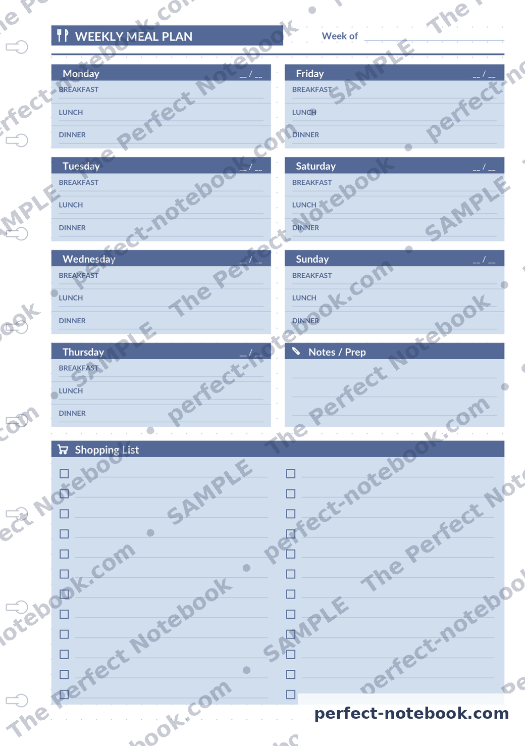 Weekly Meal Plan Printable Template – sample page (watermarked preview), The Perfect Notebook