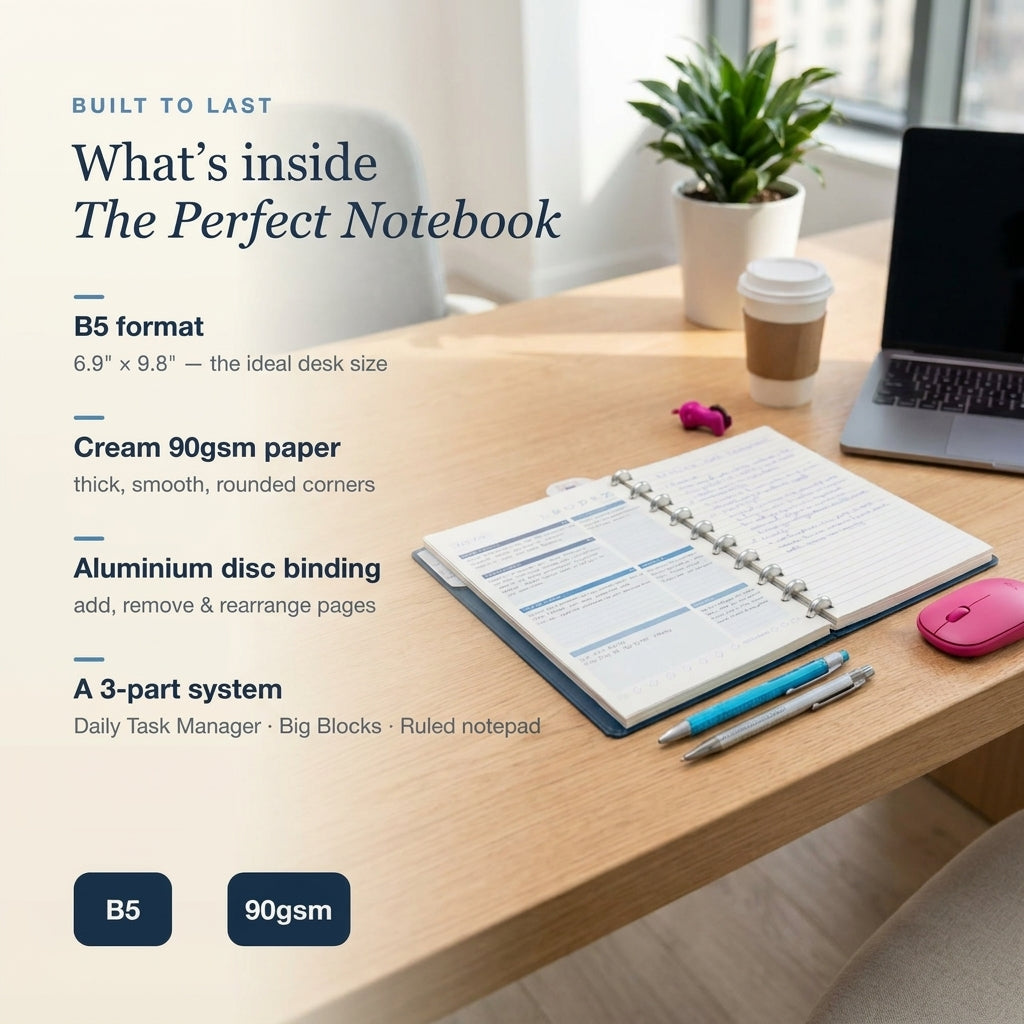 What's inside The Perfect Notebook — B5 format, cream 90gsm paper, aluminium disc binding, 3-part system