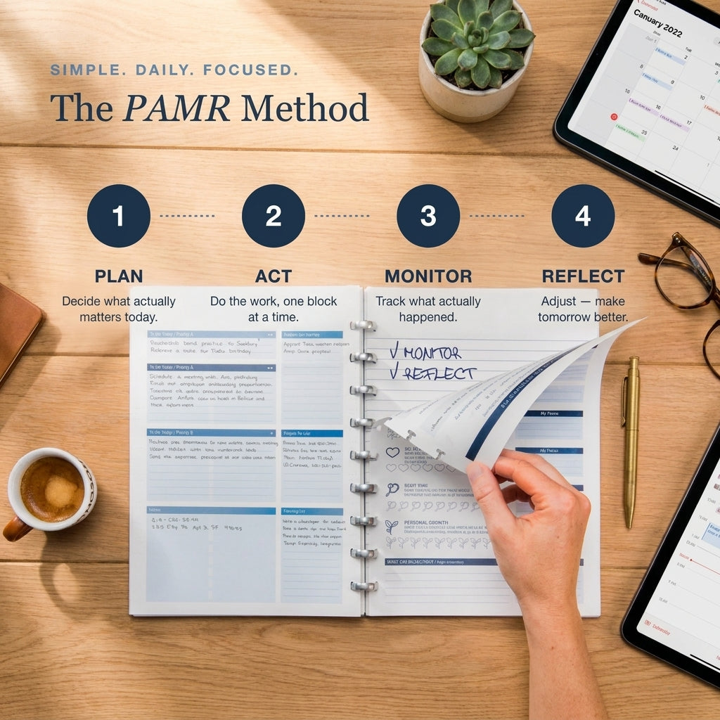 The PAMR Method in four steps — Plan, Act, Monitor, Reflect