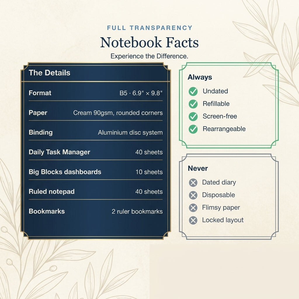 Notebook Facts — the details, always undated and refillable, never disposable
