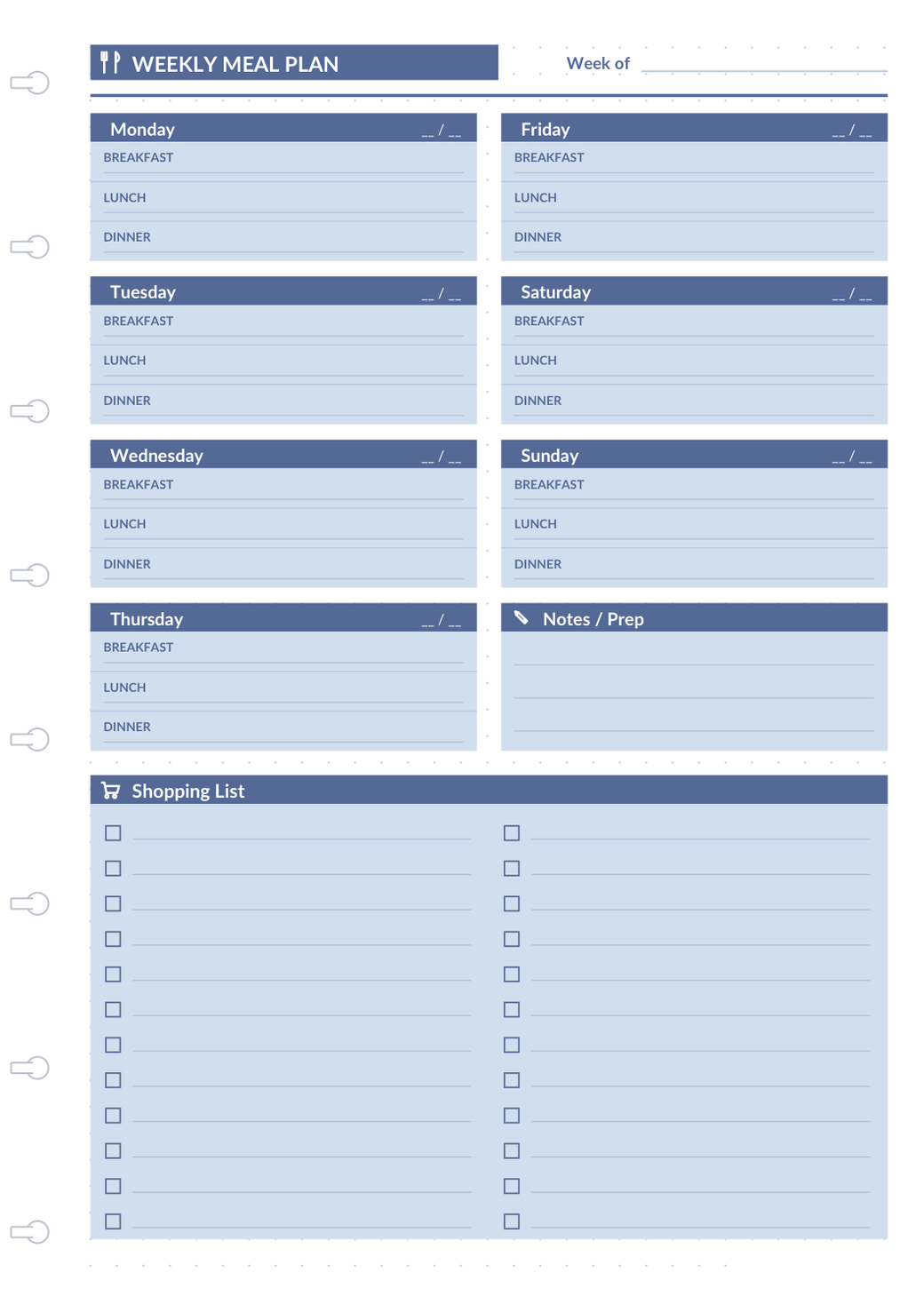 Weekly Meal Plan refill — daily breakfast, lunch, and dinner slots for Monday through Sunday with grocery list