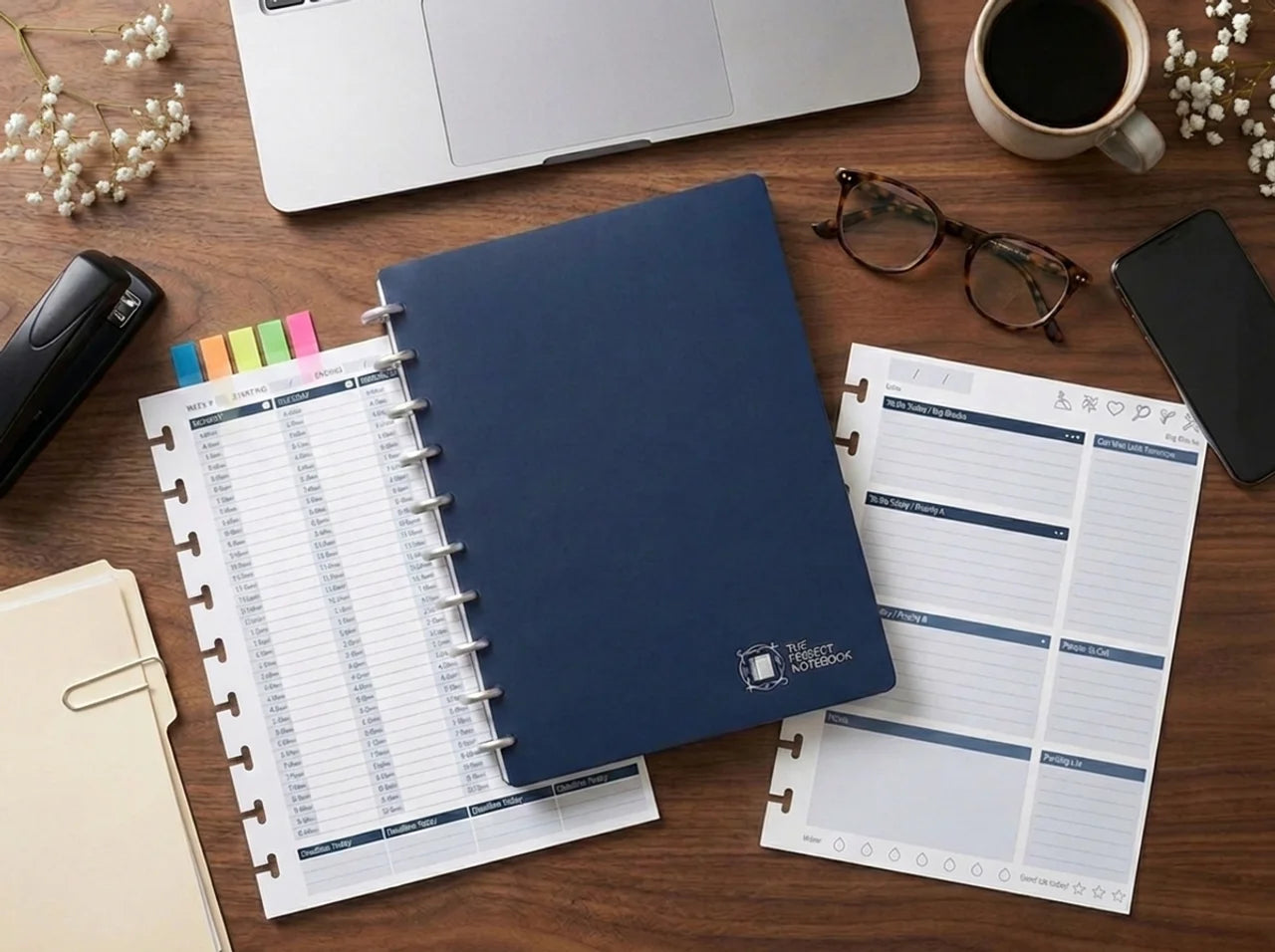 The Work Kit — blue Perfect Notebook on desk with weekly calendar and Big Blocks dashboard, coffee, glasses, and laptop