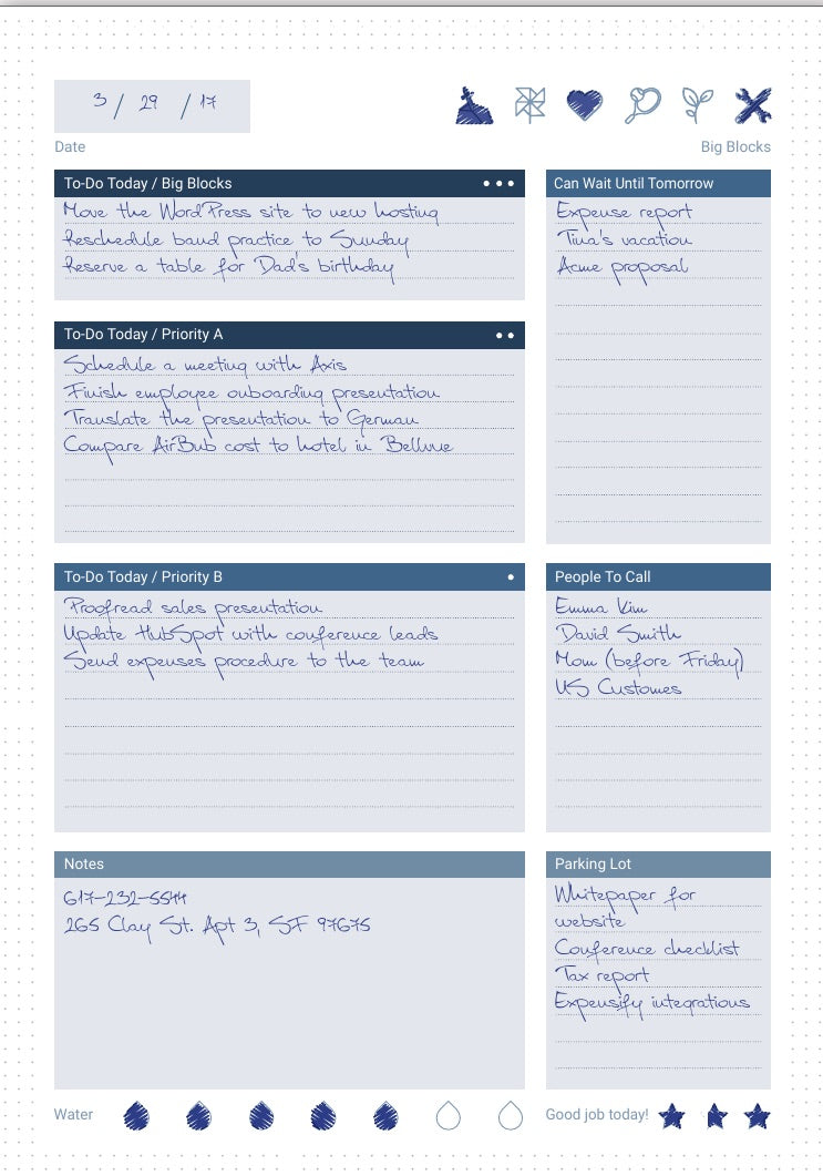 The Daily Task Manager page — filled example