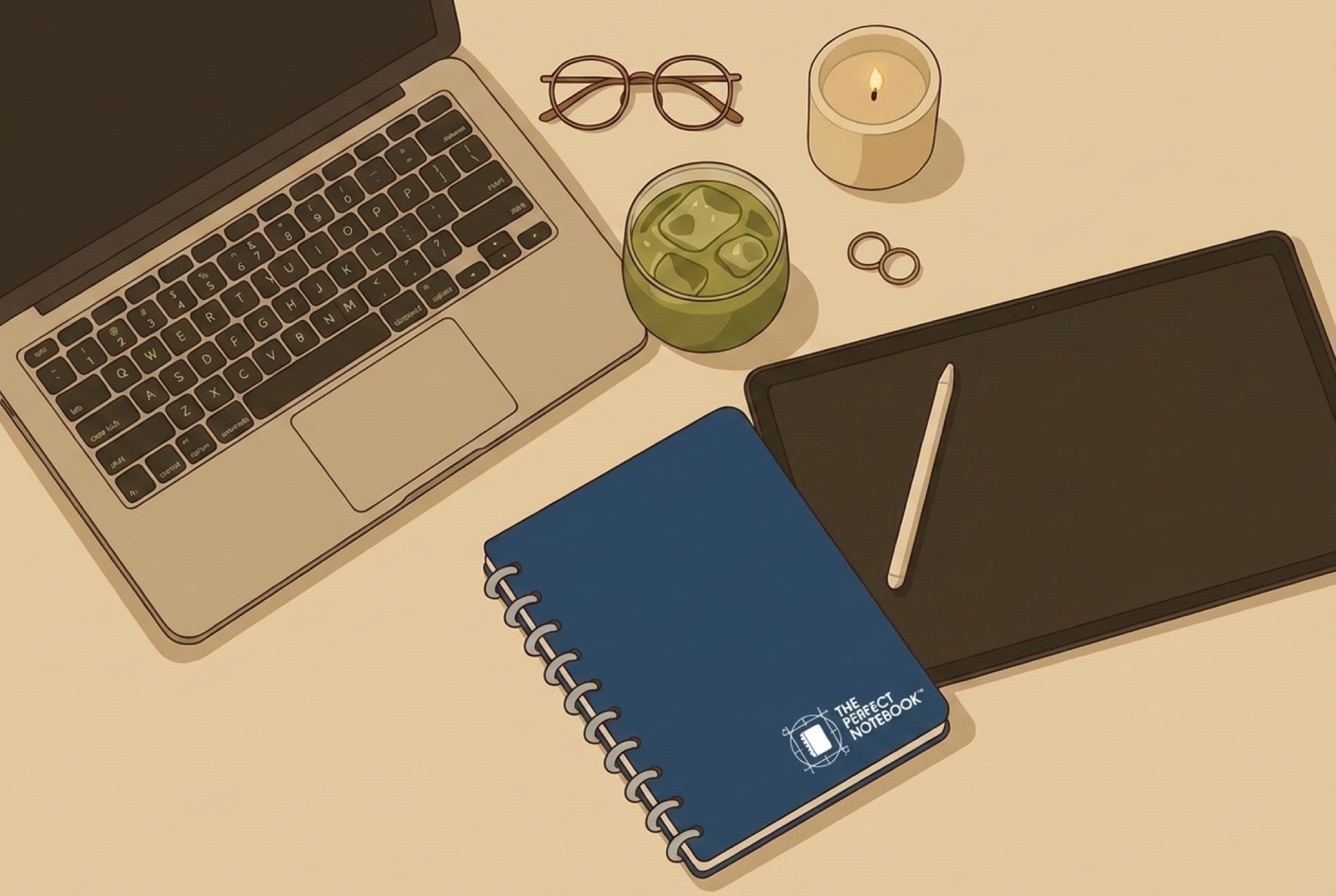 The Perfect Notebook on a calm desk beside a laptop, glasses, matcha and a tablet