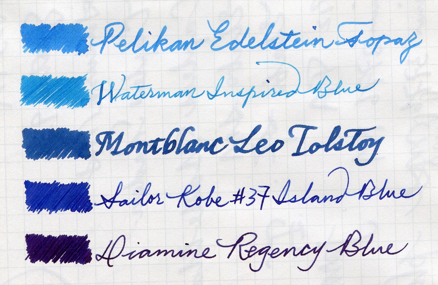 Blue fountain-pen ink swatches — Montblanc Leo Tolstoy, the reference shade for The Perfect Notebook
