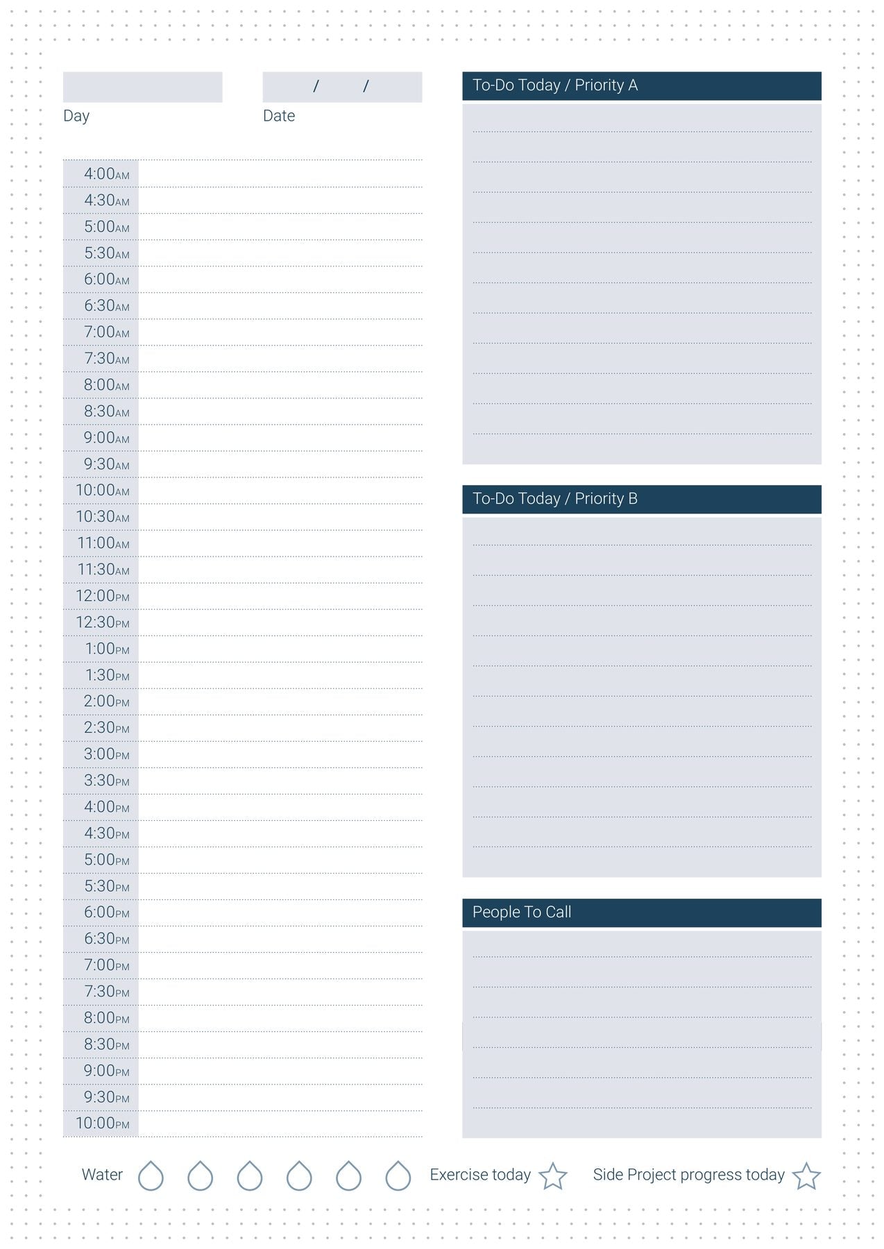 The Hourly Daily Page template — the full day in half-hour slots from 4AM to 10PM, with Priority A, Priority B and People To Call