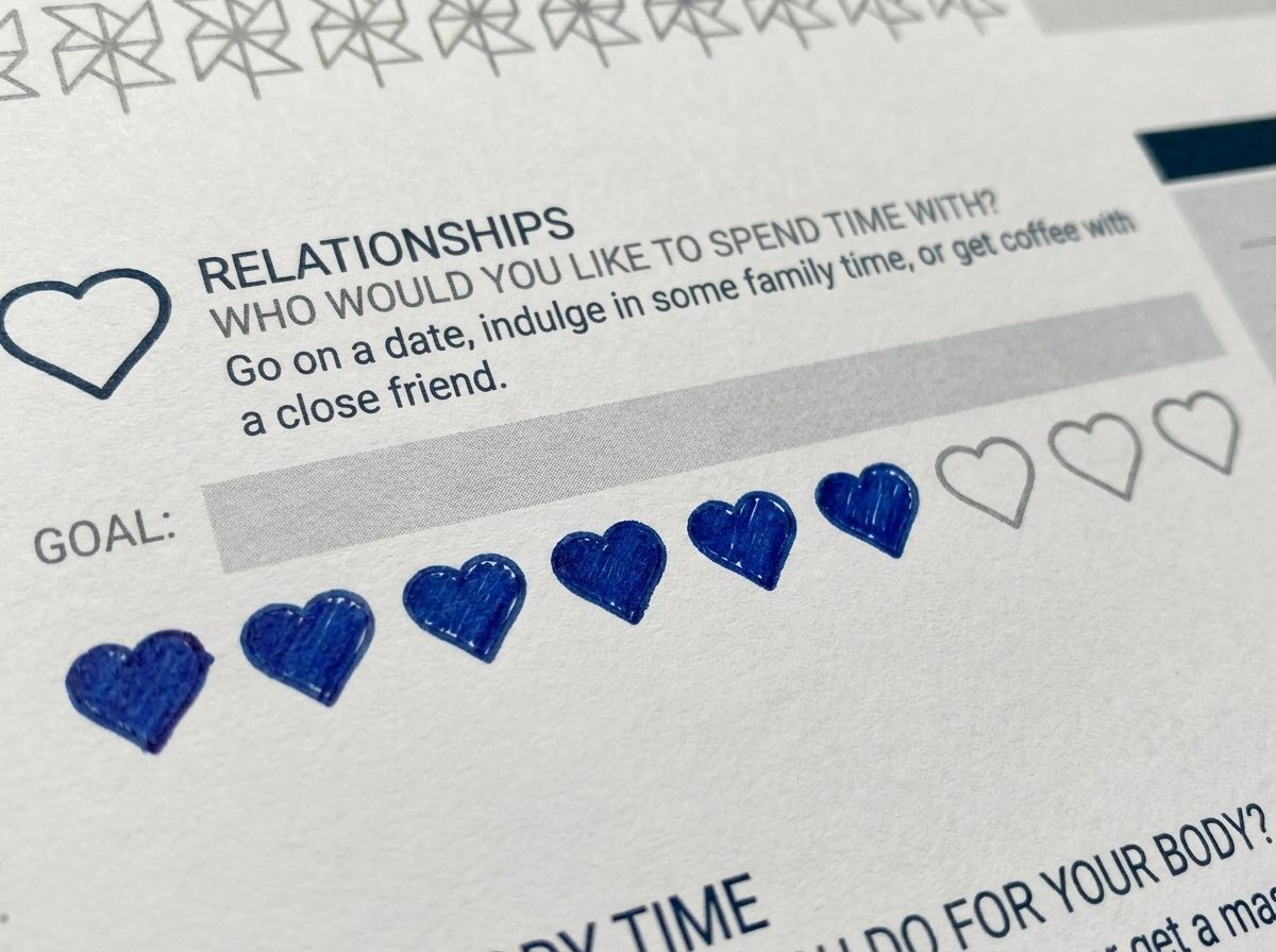 A dashboard goal — RELATIONSHIPS — with its row of ten heart icons, six filled in blue ink and four still empty