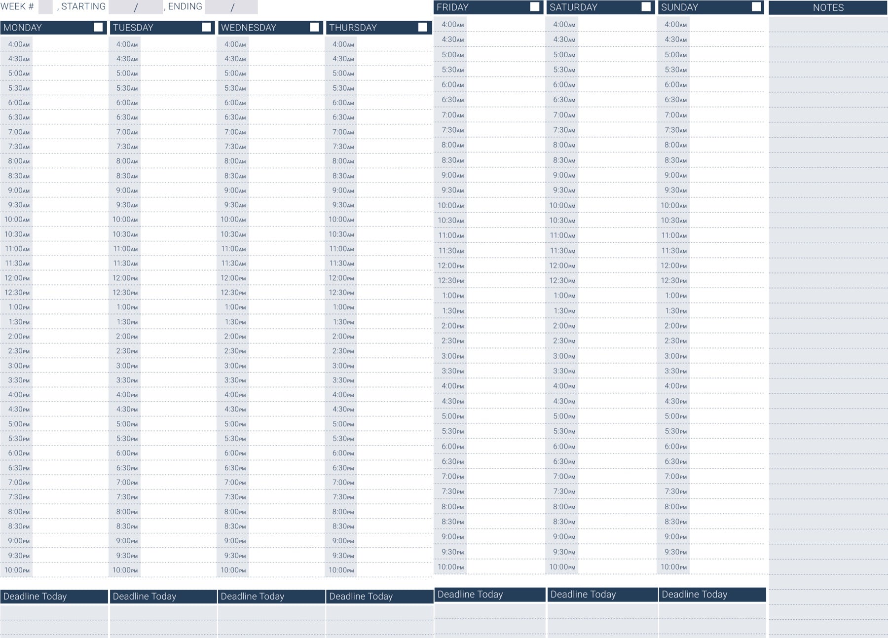 The Weekly Spread template (hourly, full day)